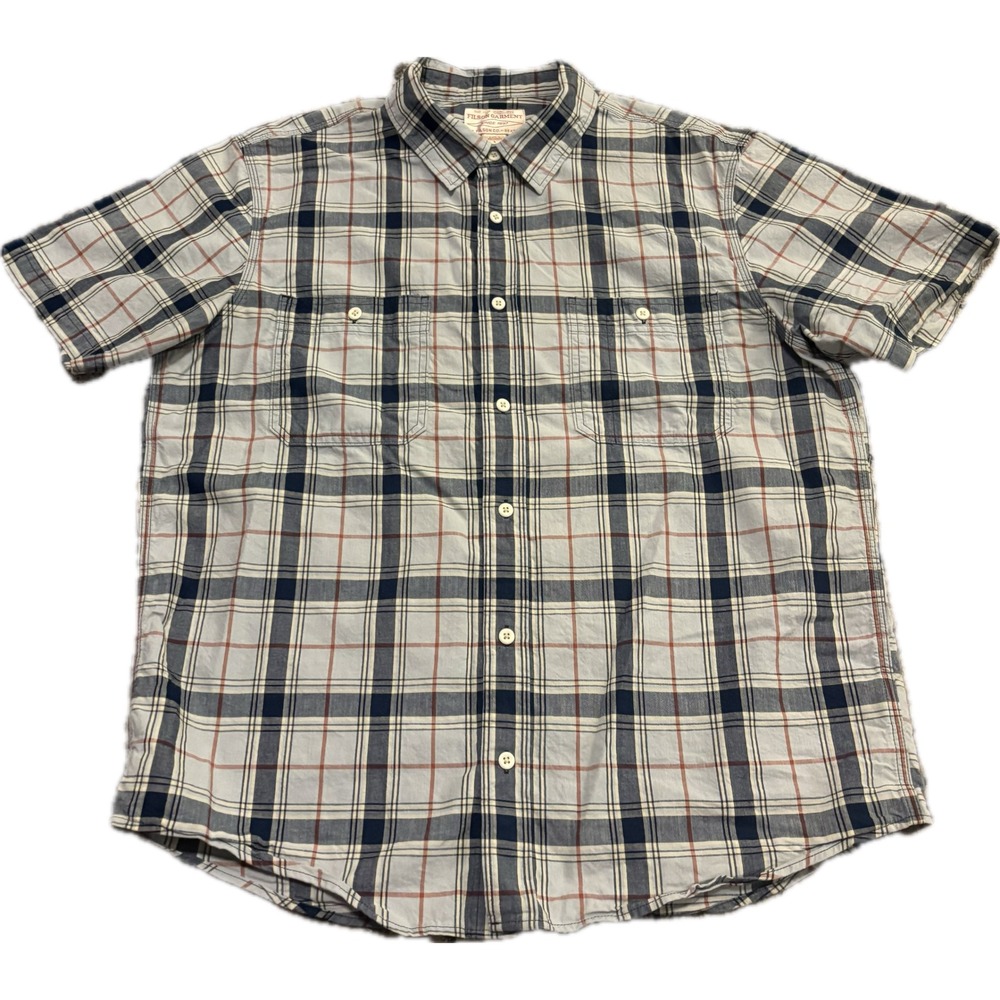 Filson Mens Large Short Sleeve Plaid Button Down Shirt Blue Orange FCOP020238